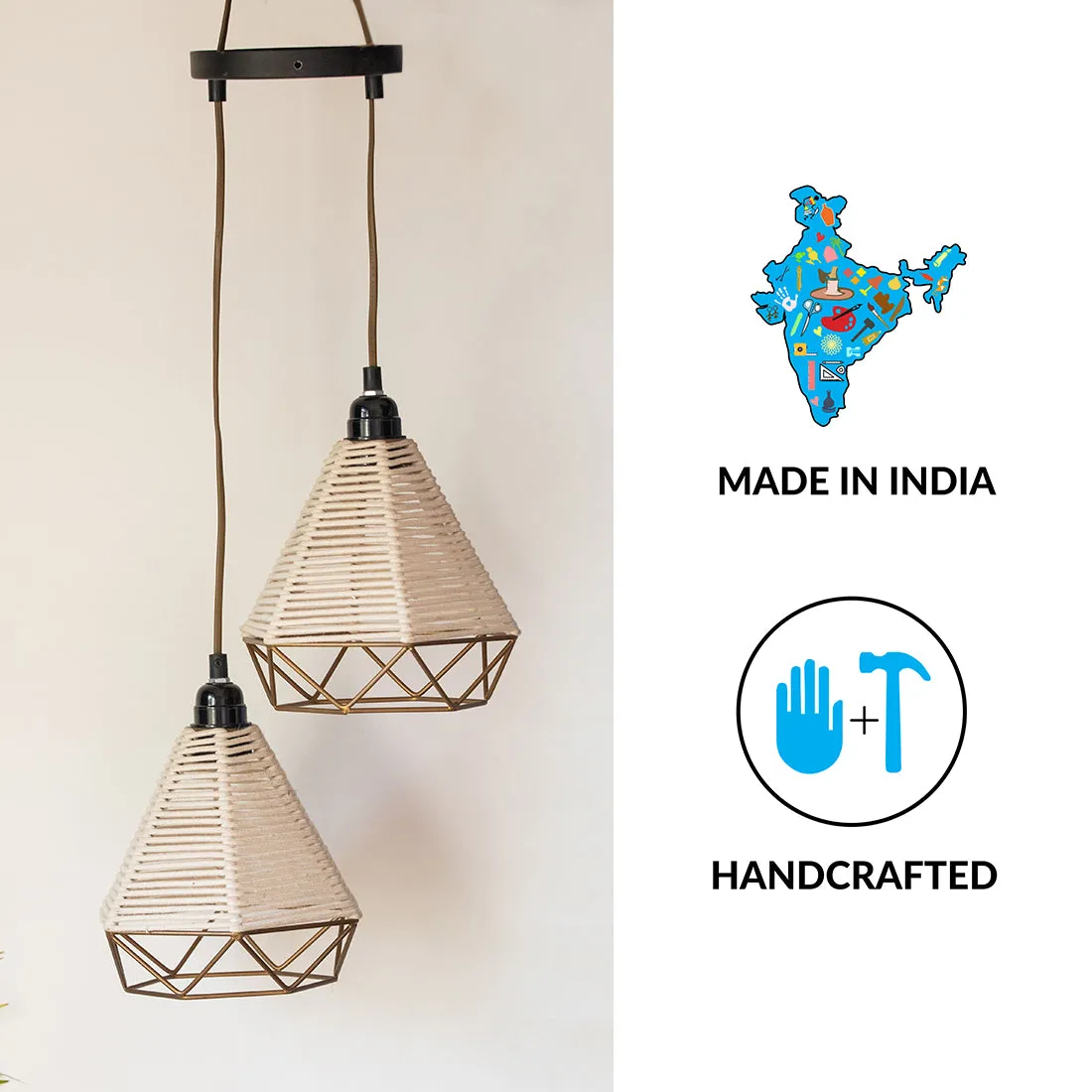 Cotton Sparkles' Handwoven Adjustable Chandelier With Hanging Lamp Shades In Cotton Rope & Iron (2 Shades | 68.6 cm)