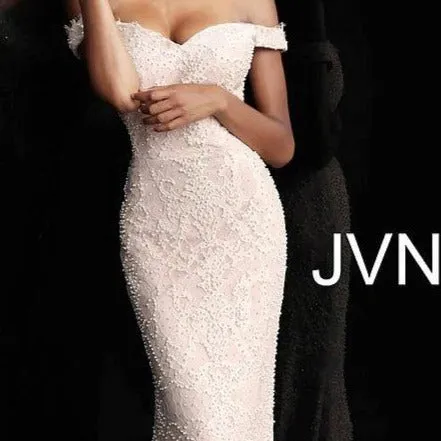 Jovani JVN66695 Size 10 Blush Lace Pearls Embellished Prom Dress Pageant Gown