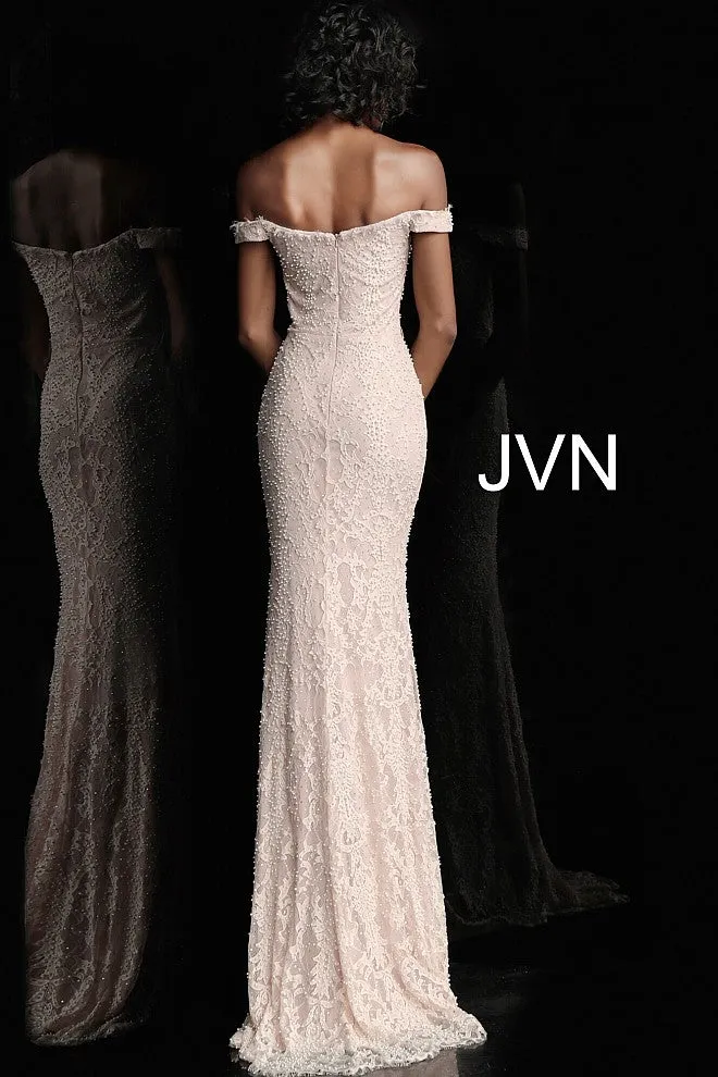 Jovani JVN66695 Size 10 Blush Lace Pearls Embellished Prom Dress Pageant Gown