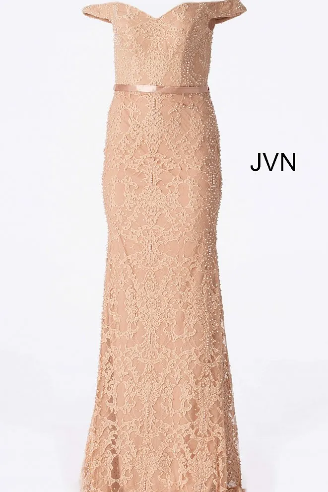 Jovani JVN66695 Size 10 Blush Lace Pearls Embellished Prom Dress Pageant Gown