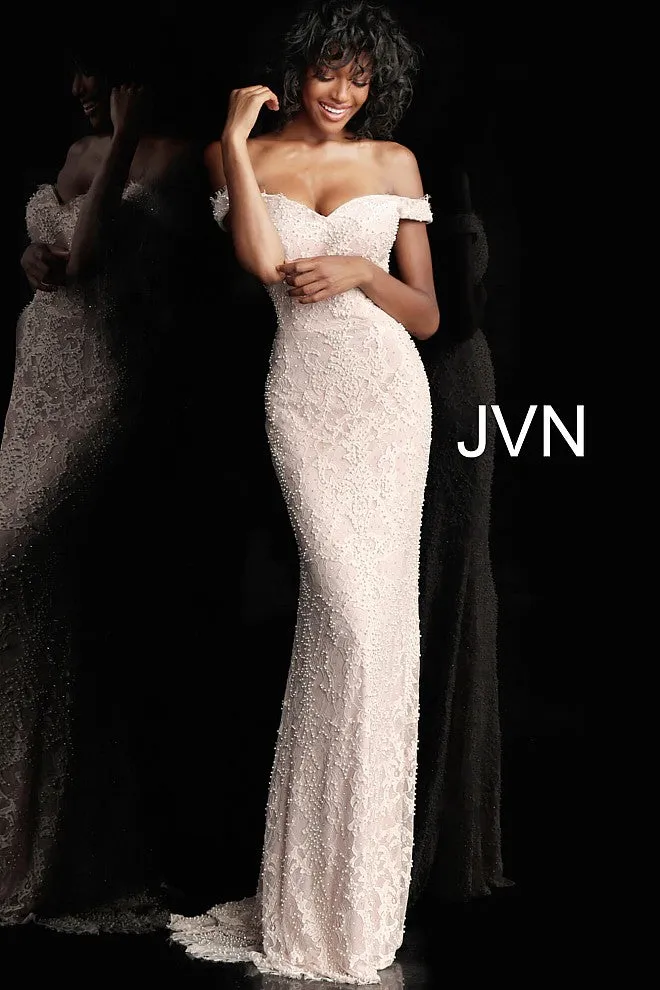Jovani JVN66695 Size 10 Blush Lace Pearls Embellished Prom Dress Pageant Gown