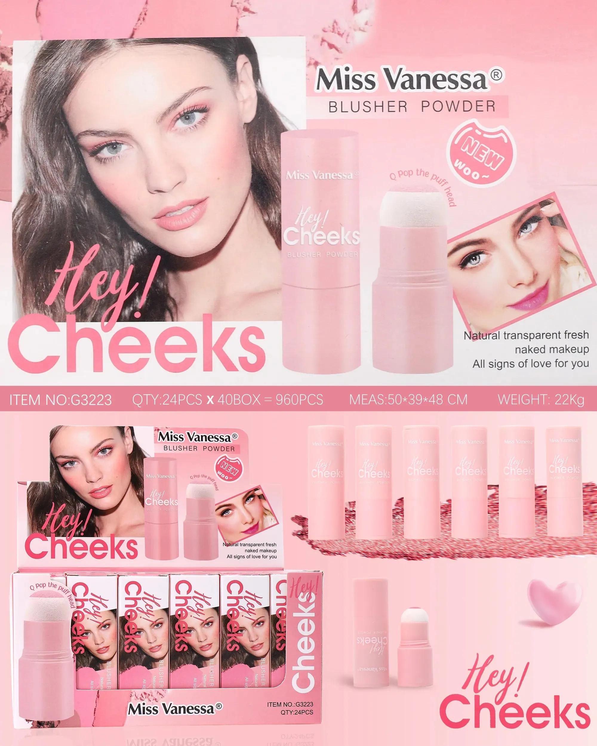 Miss Vanessa three shades of blush powder natural transparent fresh makeup pop head