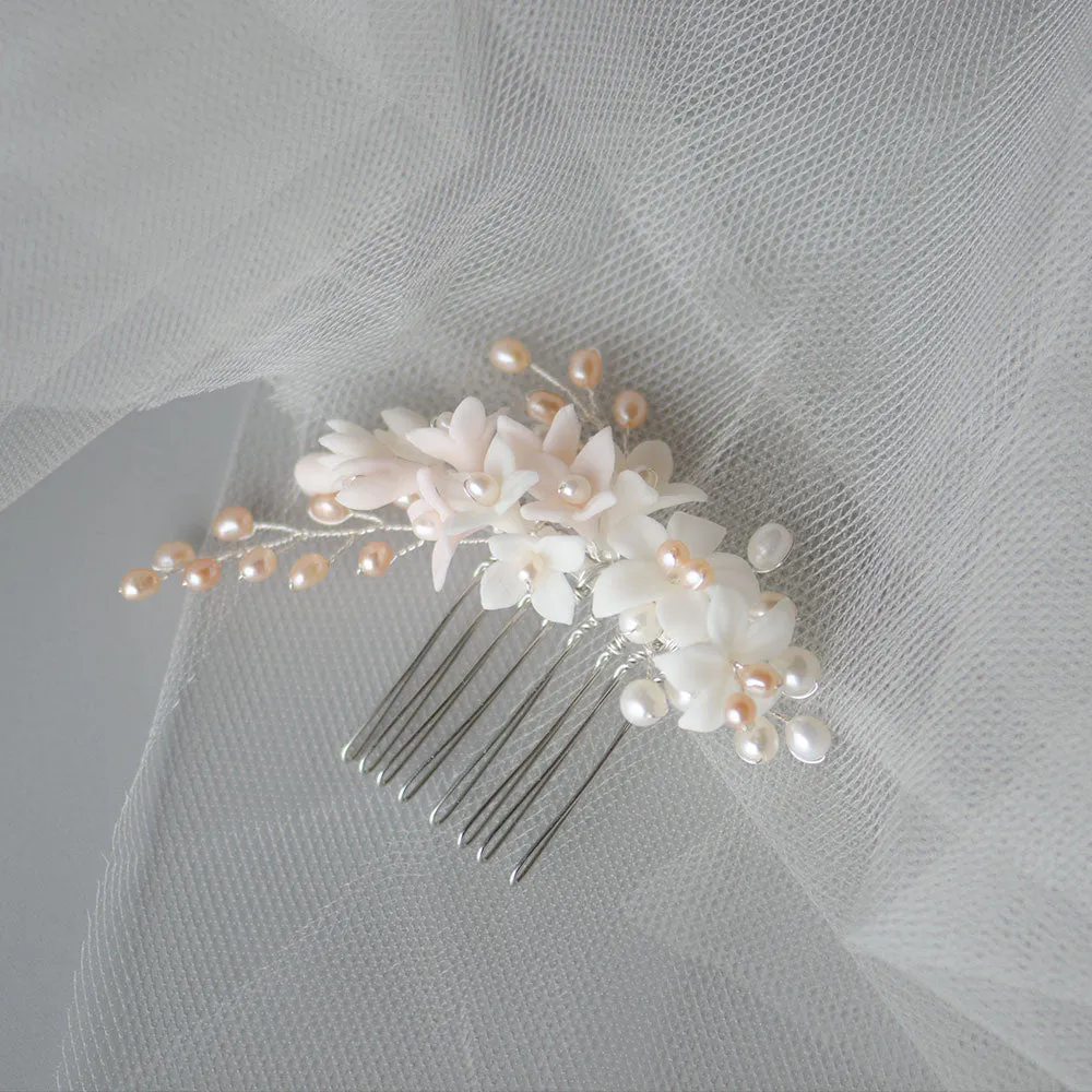 Porcelain Lily Cluster with Pearls in Blush Tones Handmade Bridal Headpiece