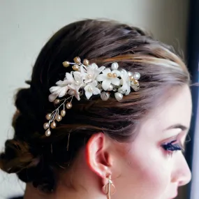 Porcelain Lily Cluster with Pearls in Blush Tones Handmade Bridal Headpiece