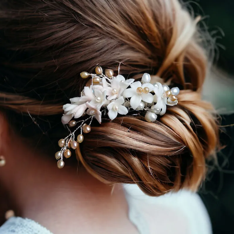 Porcelain Lily Cluster with Pearls in Blush Tones Handmade Bridal Headpiece