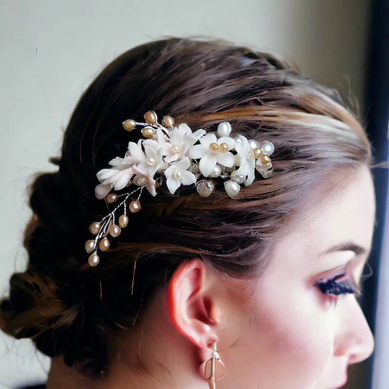 Porcelain Lily Cluster with Pearls in Blush Tones Handmade Bridal Headpiece