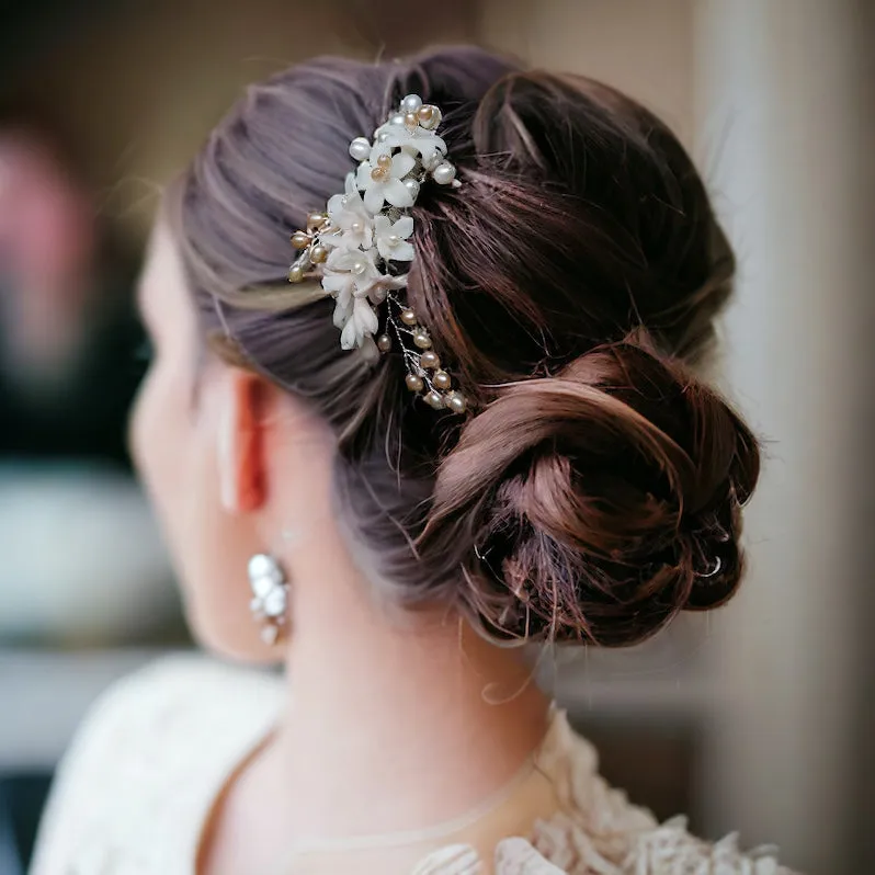 Porcelain Lily Cluster with Pearls in Blush Tones Handmade Bridal Headpiece