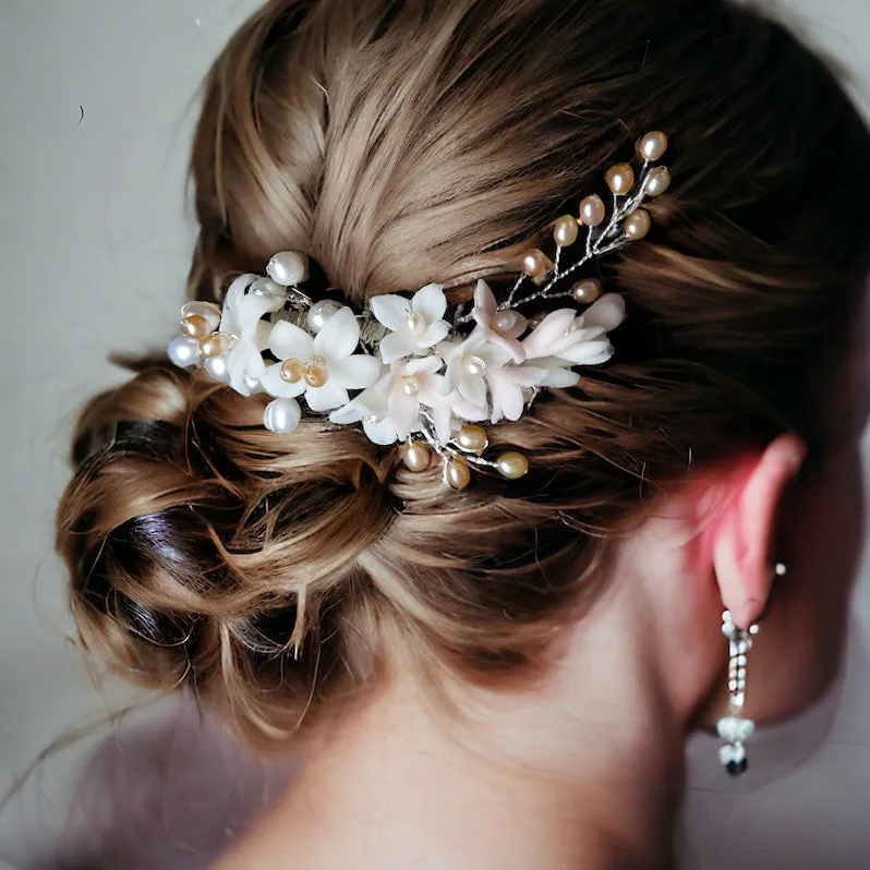 Porcelain Lily Cluster with Pearls in Blush Tones Handmade Bridal Headpiece