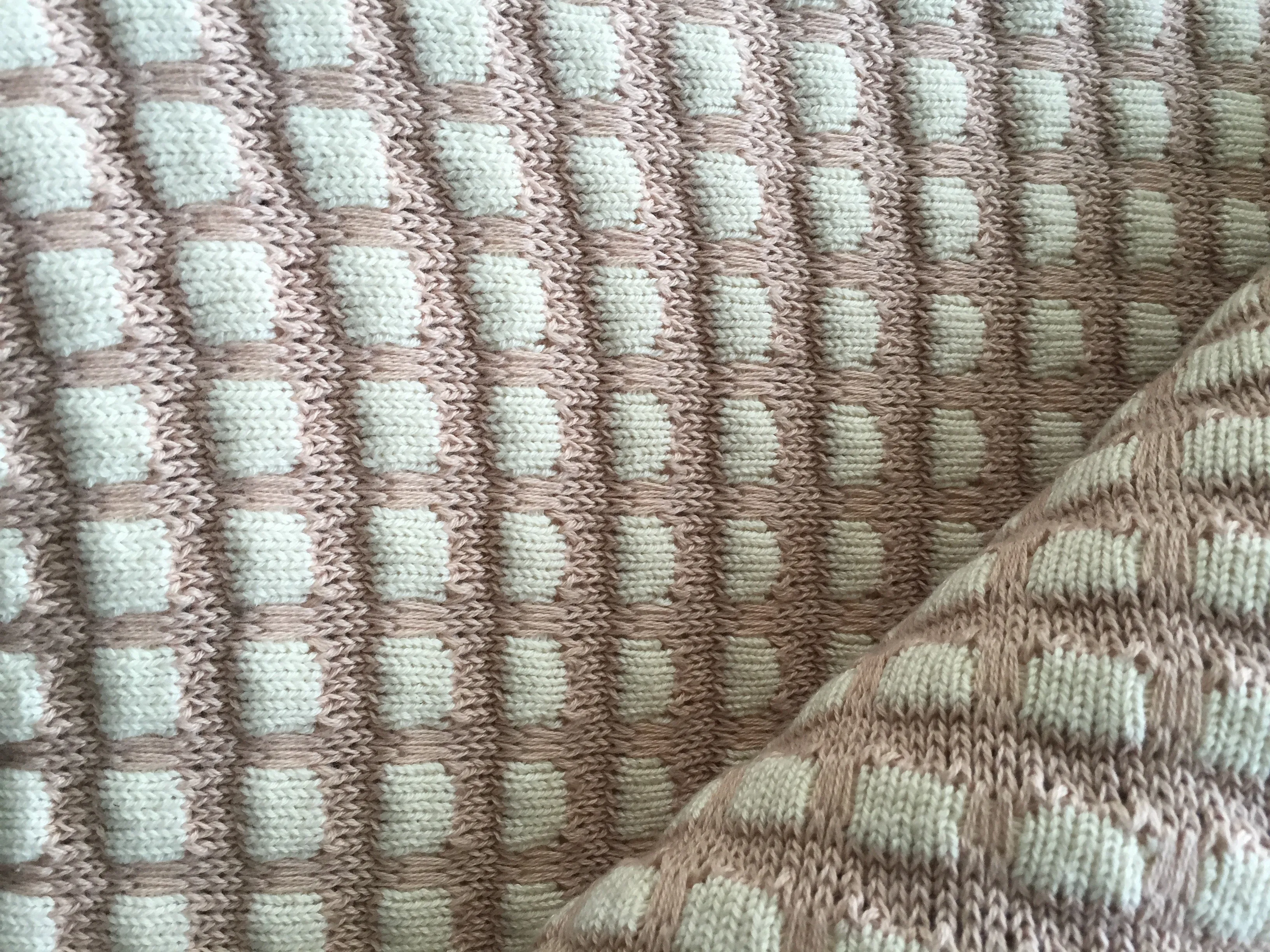 Raised Check Cotton Knit Throw Rug in Blush & Natural