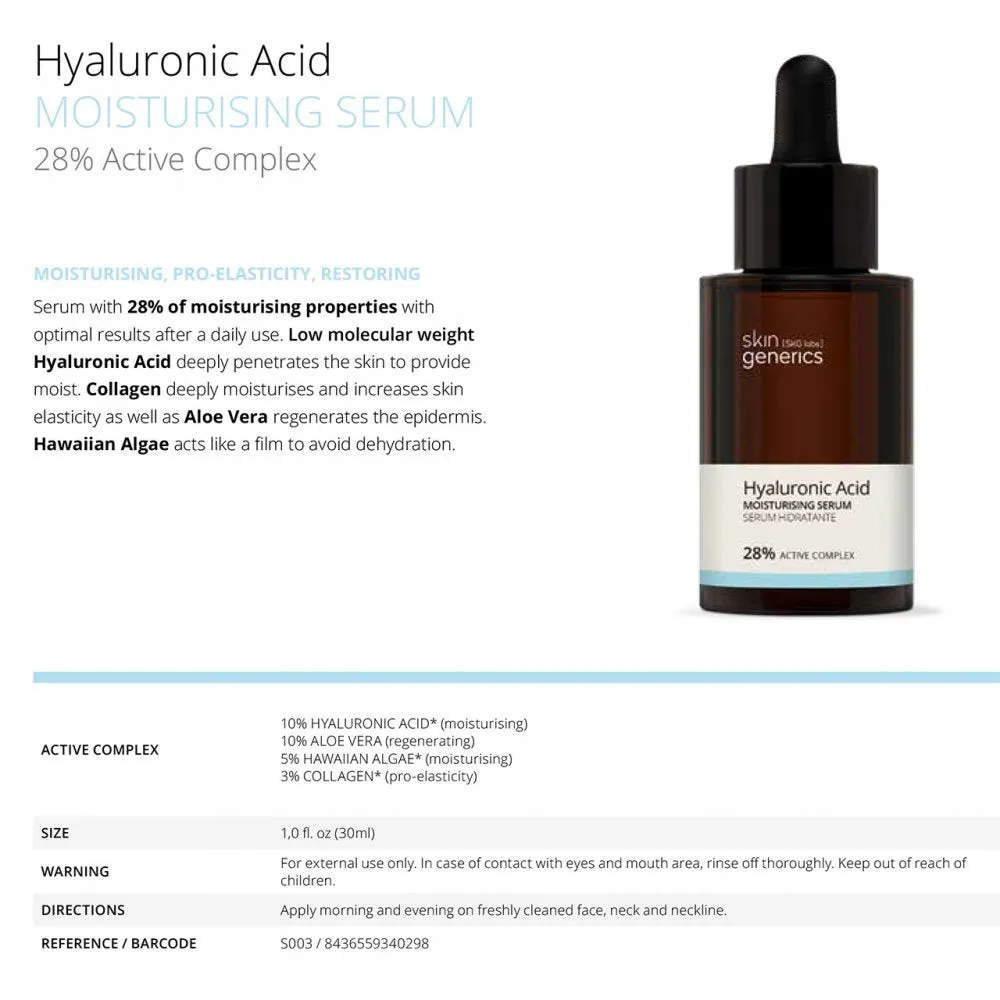 Skin Generics Hyaluronic Acid MOISTURISING SERUM 28% Active Complex, 30ml